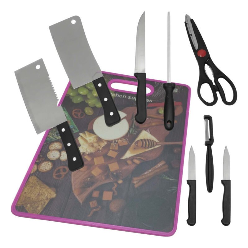 Tabla De Picar Plastica + 8 Piezas Cuchillo De Acero