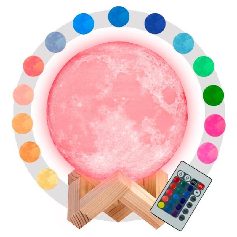 Lámpara Veladora Luna Base Madera 15cm Luz Rgb Táctil