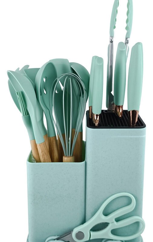 Set Utensilios Cocina Silicona Madera + Cuchillos Y Tabla