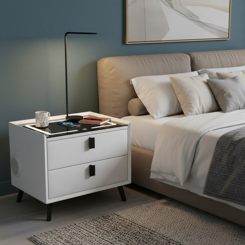 Mesa De Luz Inteligente Smart Luz Base De Carga Parlante Bt Mate Blanco