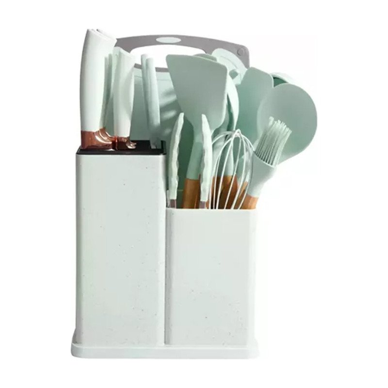 Set Kit Utensilios Cocina Silicona Madera+cuchillos