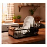 Escurridor Seca Platos Vajilla Cocina Metal Asas Madera Negro - Imagen 6