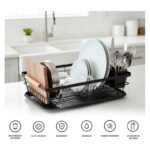 Escurridor Seca Platos Vajilla Cocina Metal Asas Madera Negro - Imagen 5