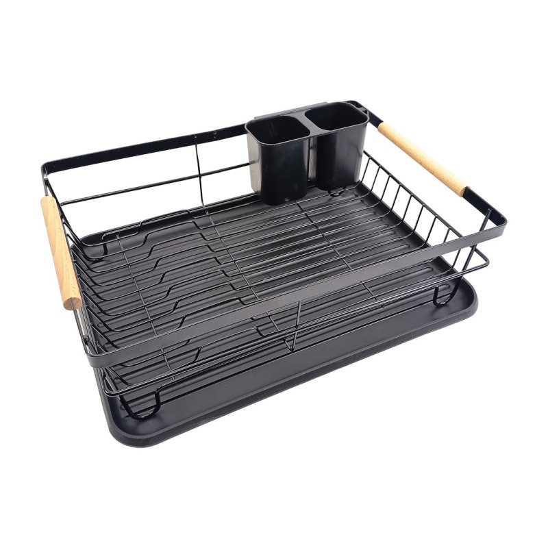 Escurridor Seca Platos Vajilla Cocina Metal Asas Madera Negro