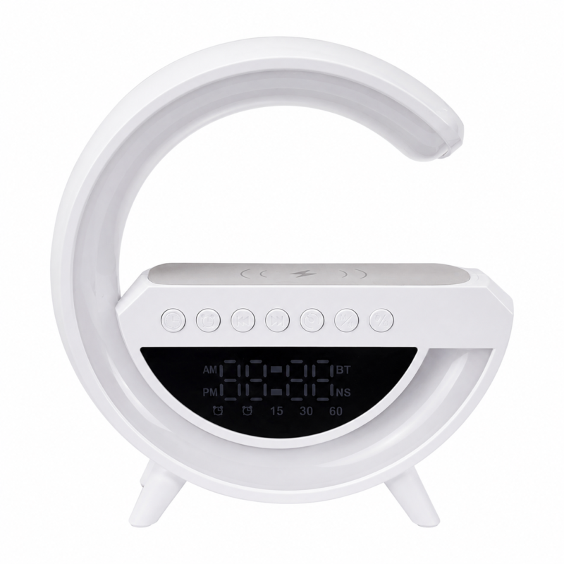 Lámpara G Led Con Cargador Inalámbrico Parlante Bluetooth Reloj Despertador