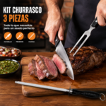Set Kit Parrillero 3 Piezas Cuchillo Chaira Tenedor Acero Inoxidable Asado - Imagen 7