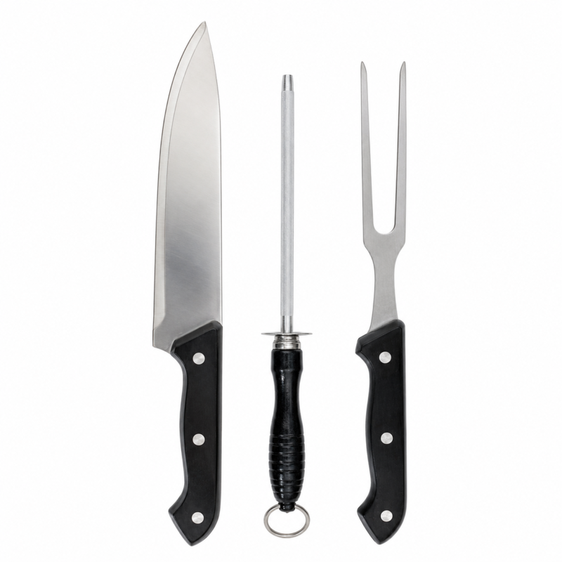 Set Kit Parrillero 3 Piezas Cuchillo Chaira Tenedor Acero Inoxidable Asado