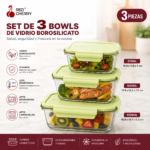 Set Juego X3 Tuppers Bowls De Vidrio Con Tapa Herméticos Aptos Microondas - Imagen 3