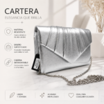 Cartera De Fiesta Mujer Plateada Elegante Clutch Con Cadena Desmontable - Imagen 8