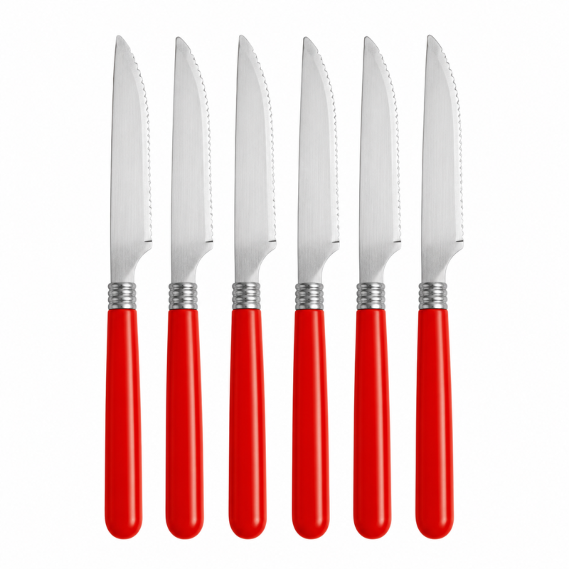 Juego Set De 6 Cuchillos De Mesa Serrados Acero Inoxidable Cocina Mango de Plástico
