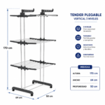 Tender Tendedero Plegable Vertical 3 Niveles Con Ruedas Para Ropa Lavadero - Imagen 4