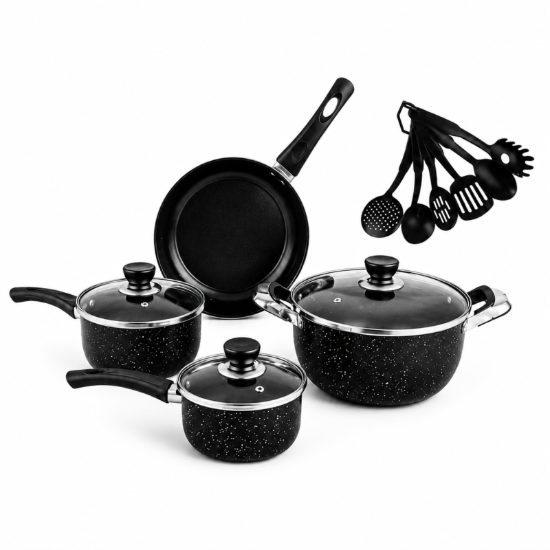 Juego De Ollas Antiadherentes 13 Piezas Con Sartén Y Utensilios Tapas De Vidrio