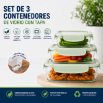 Set Juego De 3 Tuppers Bowls De Vidrio Borosilicato Herméticos Con Tapa - Imagen 4