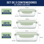 Set Juego De 3 Tuppers Bowls De Vidrio Borosilicato Herméticos Con Tapa - Imagen 2