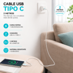 Cable USB A a USB C BWOO 2 Metros Carga Rápida y Sincronización Blanco - Imagen 3