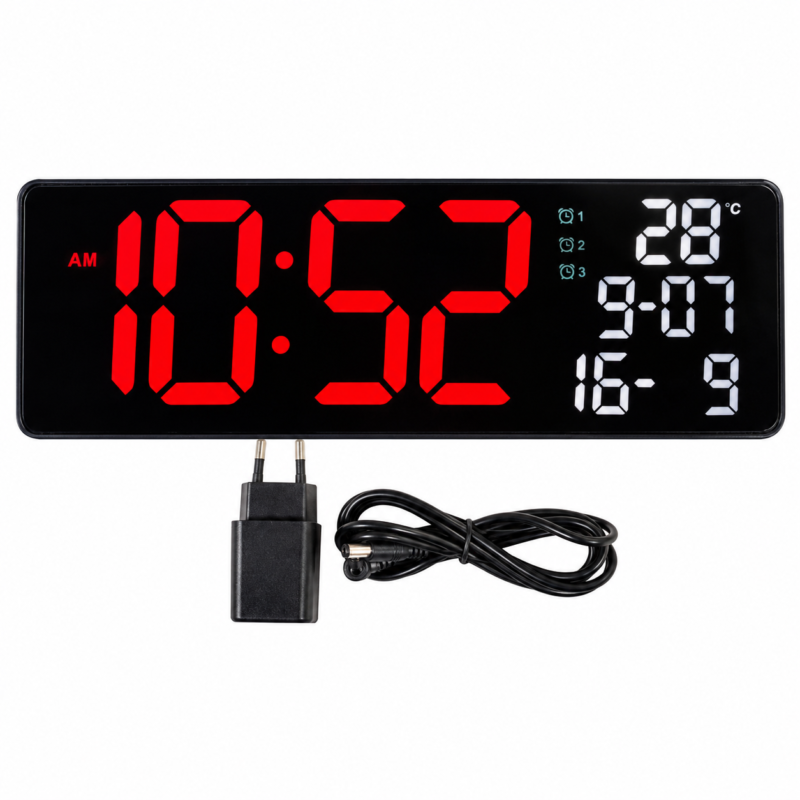 Reloj Digital de Pared LED 34 cm con Calendario, Temperatura y 3 Alarmas