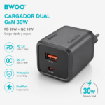 Cargador GaN BWOO 30W Dual USB C PD 3.0 + USB A QC 3.0 Carga Rápida - Imagen 3