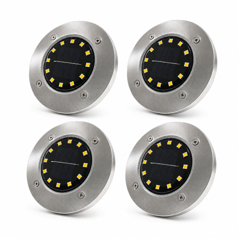 Pack Set X4 Luces Solares LED para Piso y Jardín 12 LED Luz Cálida con Encendido Automático