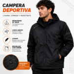 Campera Deportiva Hombre Rompeviento Resistente al Agua con Capucha y Bolsillos con Cierre - Imagen 3