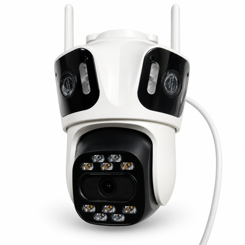 Cámara de Seguridad Triple WiFi 360° Exterior con Visión Nocturna, Seguimiento y Audio Bidireccional
