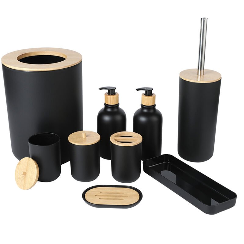 Set de 9 Accesorios de Baño de Lujo en Bambú - Negro