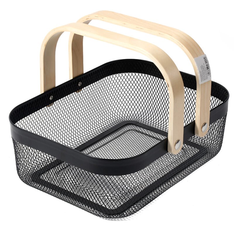 Canasto Metálico con Asas de Madera 32 x 24 cm