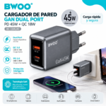 Cargador de Pared BWOO GaN 45W USB-C PD + USB-A QC 3.0 Dual Port - Imagen 4