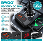 Cargador para Auto BWOO BO-CC106 120W con 4 Puertos USB-A y USB-C PD/QC, Display de Voltaje y Cable 1,5 m - Imagen 4