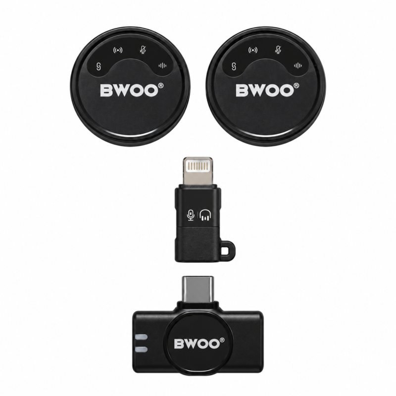 Micrófonos Inalámbricos Dobles BWOO BO-MF02 USB C + Adaptador Lightning con Reducción de Ruido IA