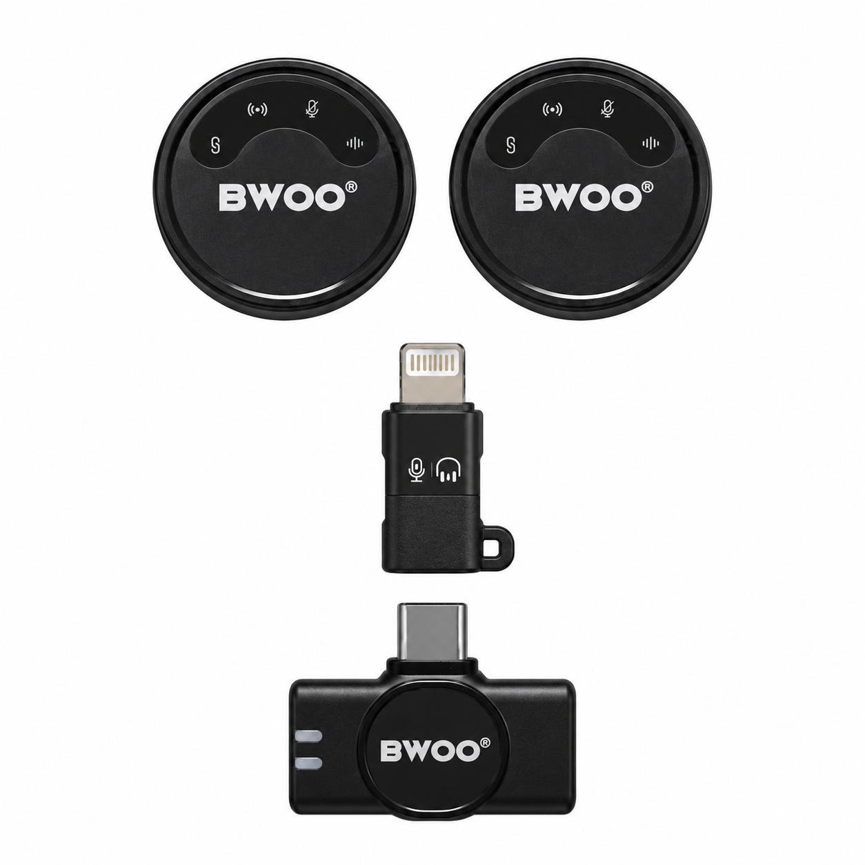 Micrófonos BWOO con adaptadores Lightning y USB-C Micrófonos Inalámbricos Dobles BWOO BO-MF02 USB C + Adaptador Lightning con Reducción de Ruido IA - Imagen 1