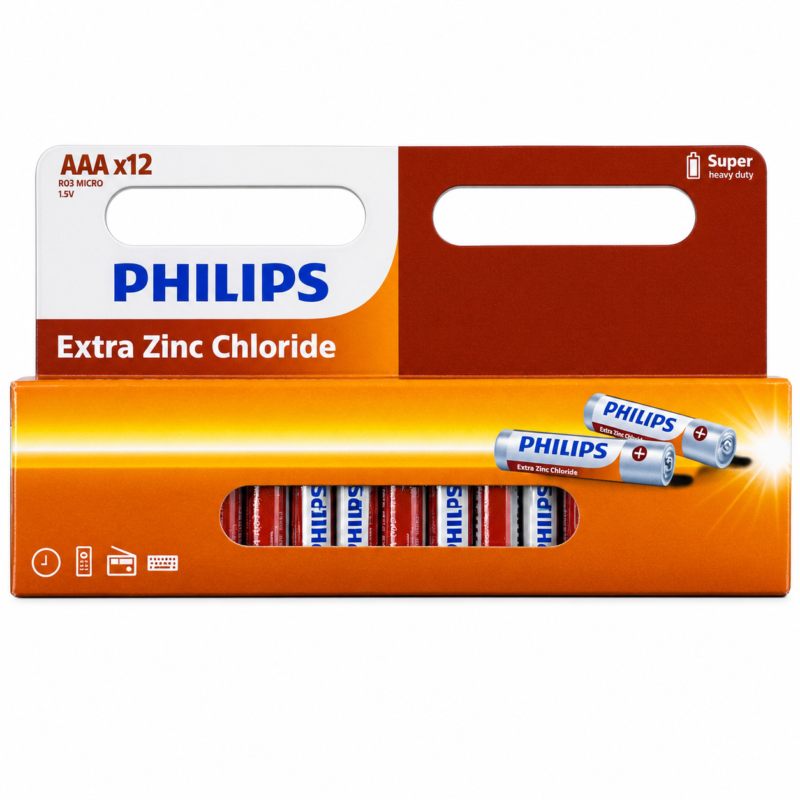 Pilas AAA Philips R03 1.5V Extra Zinc Chloride Pack x12 Unidades