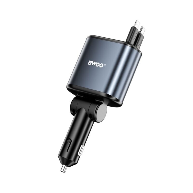 Cargador de coche BWOO de 120W 4 en 1 con luz estrellada y 2 cables retráctiles.